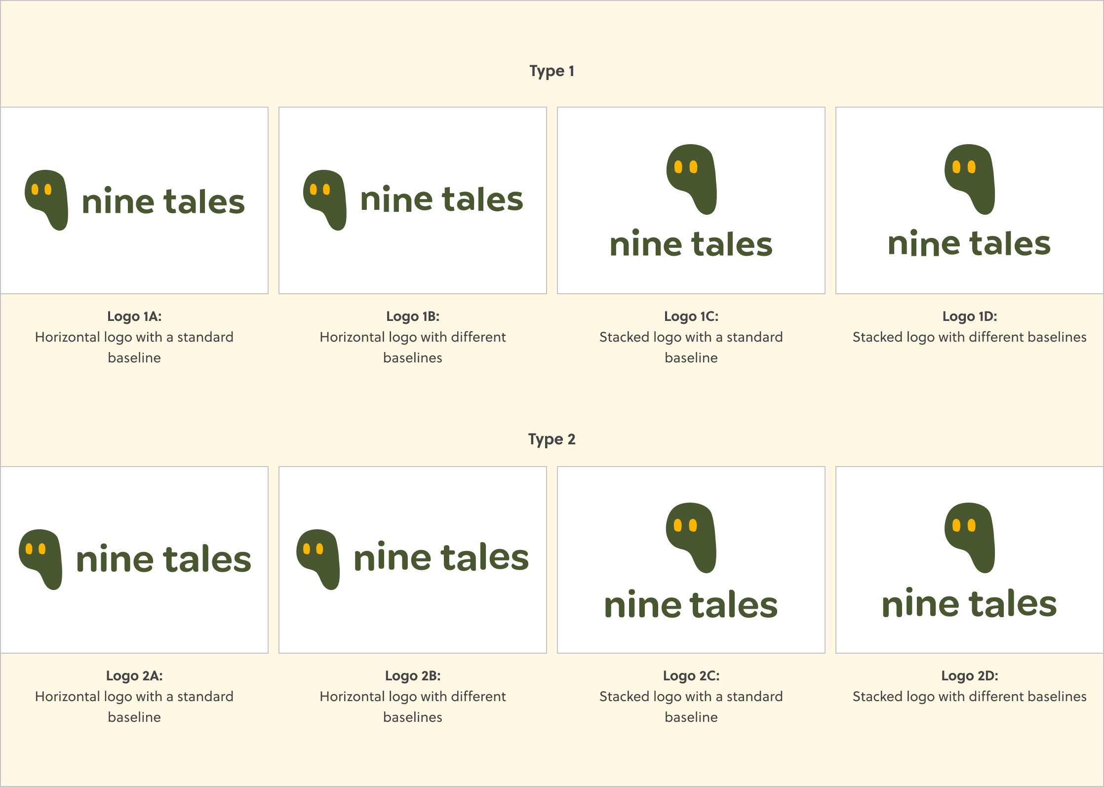 The process and different variations of creating a logotype for Nine Tales, experimenting with different fonts and baselines.