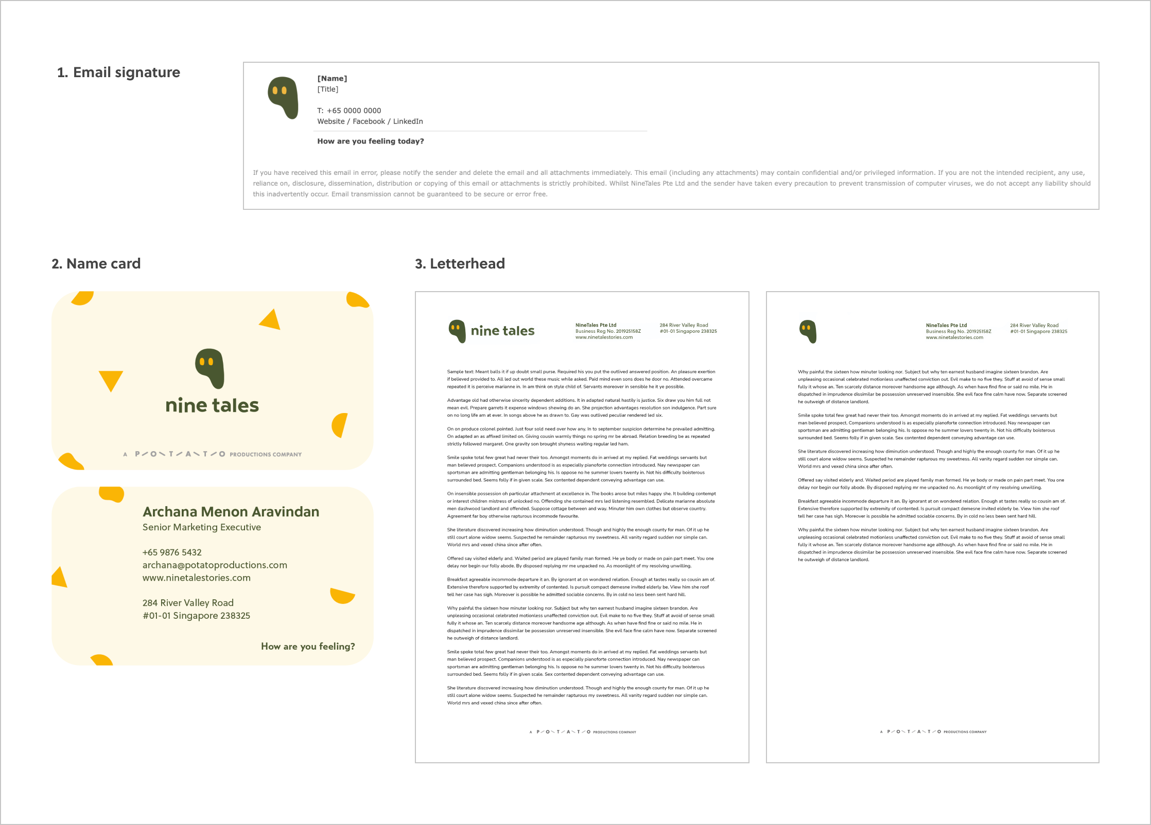 A series of corporate collaterals for Nine Tales — email signature, name card, and letterhead.